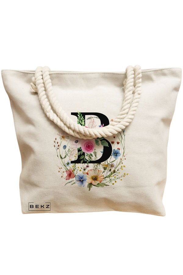 Geanta Canvas Tote pentru femei, Cu litera B in Coronita Florala, 40x51 cm, Bej, BEKZ® 12 Cu litera B in Coronita Florala