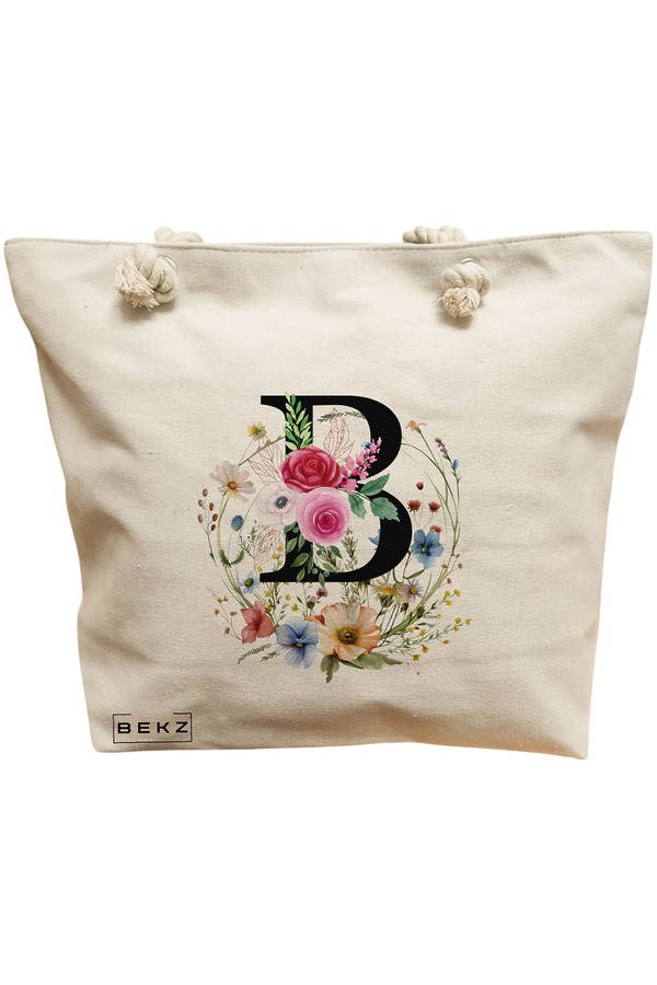 Geanta Canvas Tote pentru femei, Cu litera B in Coronita Florala, 40x51 cm, Bej, BEKZ® 11 Geanta Canvas Tote pentru femei