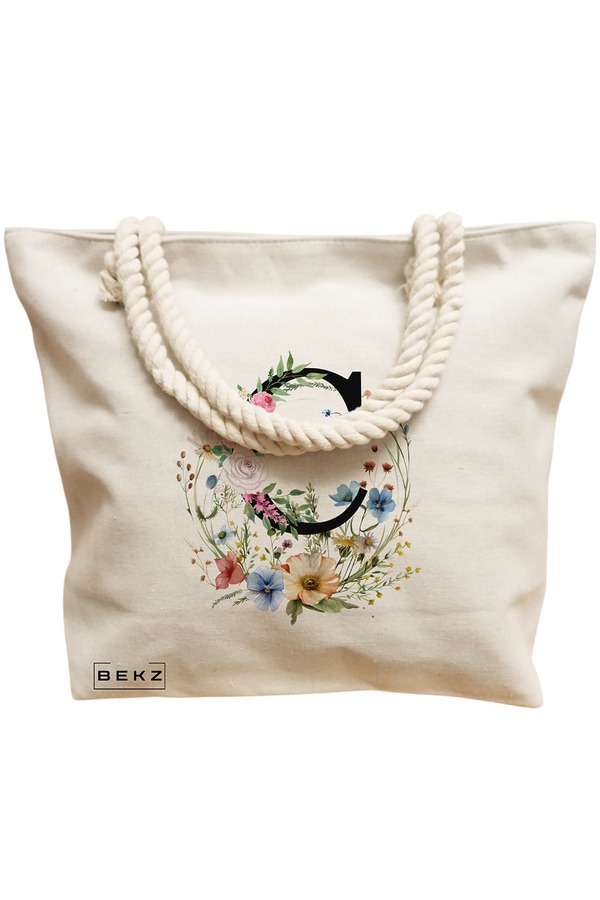 Geanta Canvas Tote pentru femei, Cu litera C in Coronita Florala, 40x51 cm, Bej, BEKZ® 12 Cu litera C in Coronita Florala