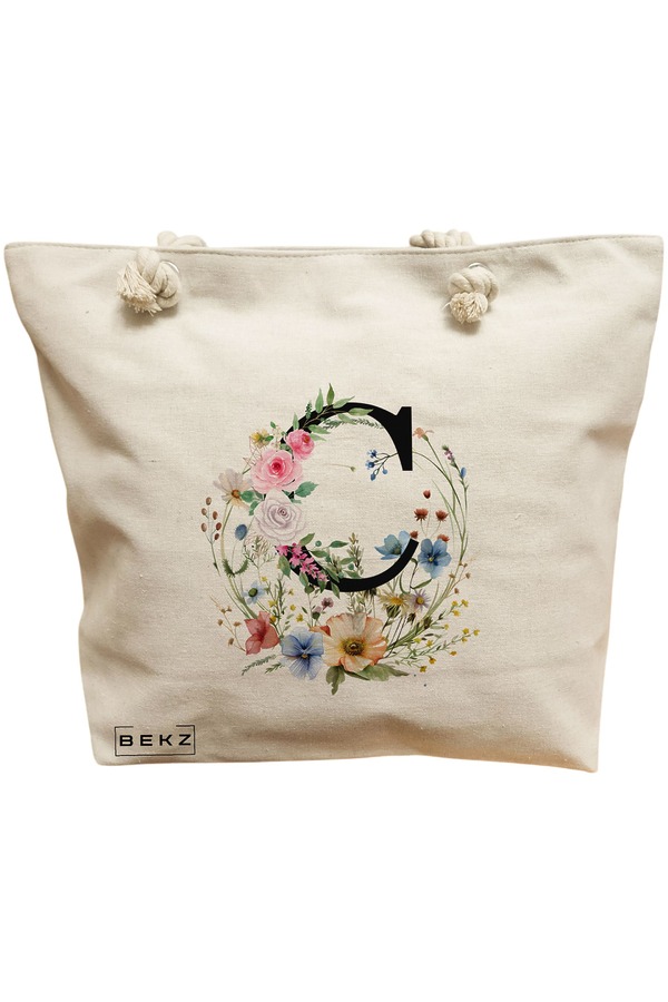 Geanta Canvas Tote pentru femei, Cu litera C in Coronita Florala, 40x51 cm, Bej, BEKZ® 11 Geanta Canvas Tote pentru femei