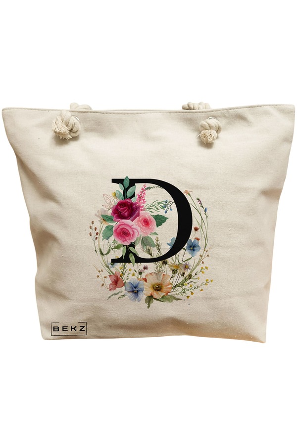 Geanta Canvas Tote pentru femei, Cu litera D in Coronita Florala, 40x51 cm, Bej, BEKZ® 11 Geanta Canvas Tote pentru femei