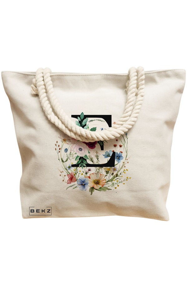 Geanta Canvas Tote pentru femei, Cu litera E in Coronita Florala, 40x51 cm, Bej, BEKZ® 12 Cu litera E in Coronita Florala