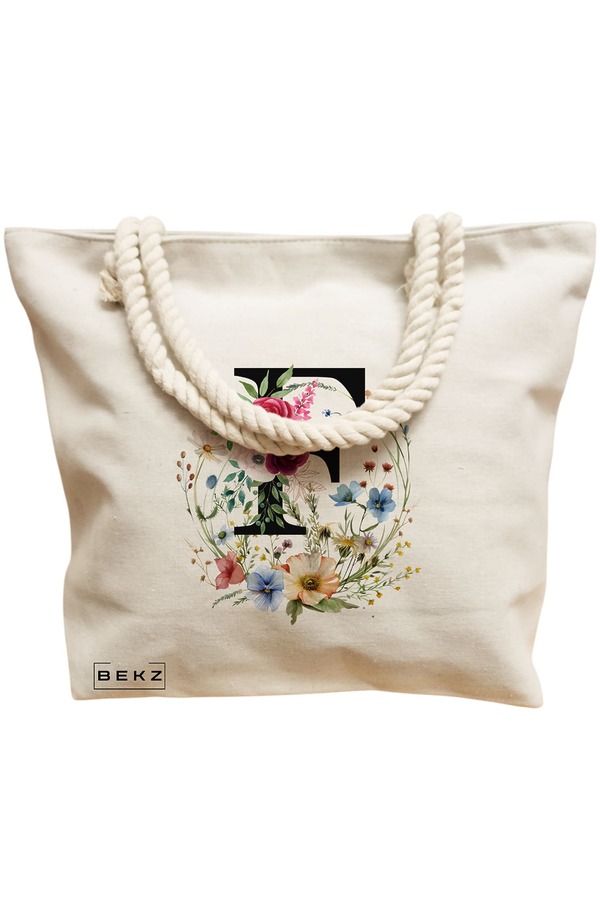 Geanta Canvas Tote pentru femei, Cu litera F in Coronita Florala, 40x51 cm, Bej, BEKZ® 12 Cu litera F in Coronita Florala
