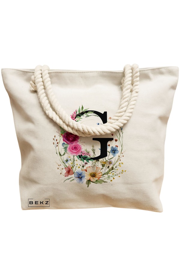 Geanta Canvas Tote pentru femei, Cu litera G in Coronita Florala, 40x51 cm, Bej, BEKZ® 12 Cu litera G in Coronita Florala