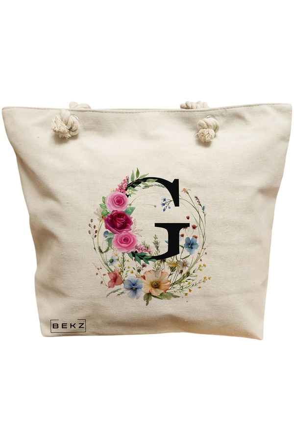 Geanta Canvas Tote pentru femei, Cu litera G in Coronita Florala, 40x51 cm, Bej, BEKZ® 11 Geanta Canvas Tote pentru femei