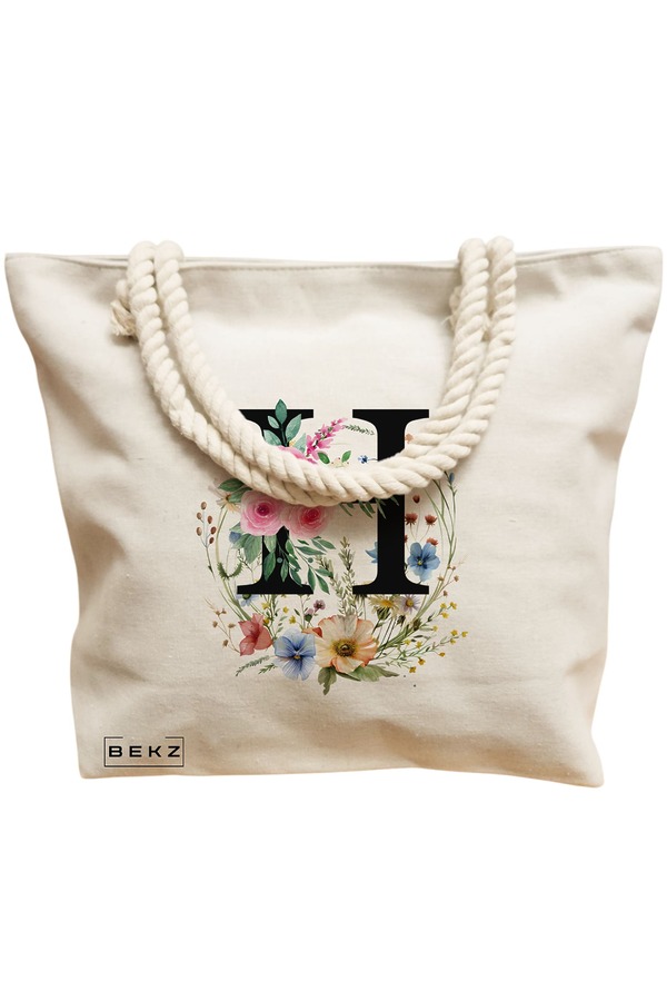 Geanta Canvas Tote pentru femei, Cu litera H in Coronita Florala, 40x51 cm, Bej, BEKZ® 12 Cu litera H in Coronita Florala