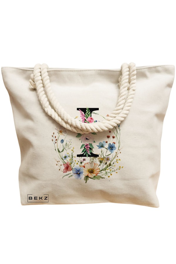 Geanta Canvas Tote pentru femei, Cu litera I in Coronita Florala, 40x51 cm, Bej, BEKZ® 12 Cu litera I in Coronita Florala