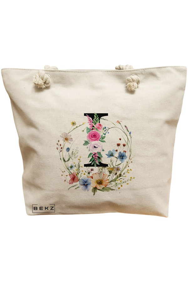 Geanta Canvas Tote pentru femei, Cu litera I in Coronita Florala, 40x51 cm, Bej, BEKZ® 11 Geanta Canvas Tote pentru femei