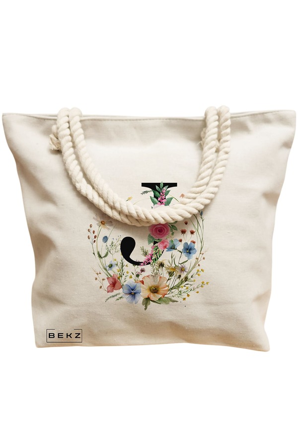 Geanta Canvas Tote pentru femei, Cu litera J in Coronita Florala, 40x51 cm, Bej, BEKZ® 12 Cu litera J in Coronita Florala