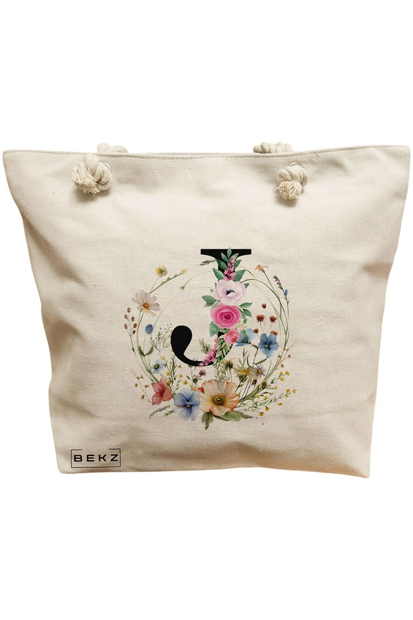 Geanta Canvas Tote pentru femei, Cu litera J in Coronita Florala, 40x51 cm, Bej, BEKZ® 11 Geanta Canvas Tote pentru femei