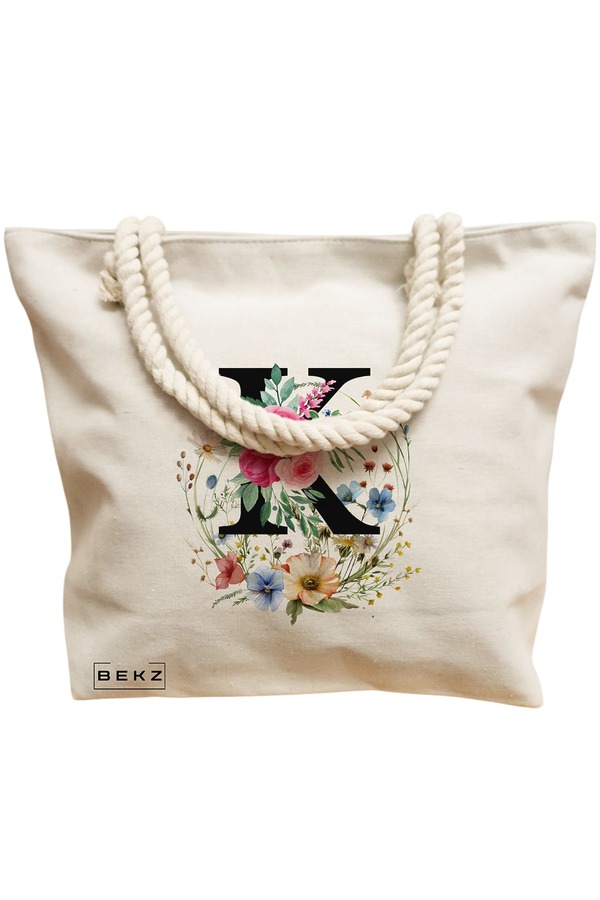 Geanta Canvas Tote pentru femei, Cu litera K in Coronita Florala, 40x51 cm, Bej, BEKZ® 12 Cu litera K in Coronita Florala