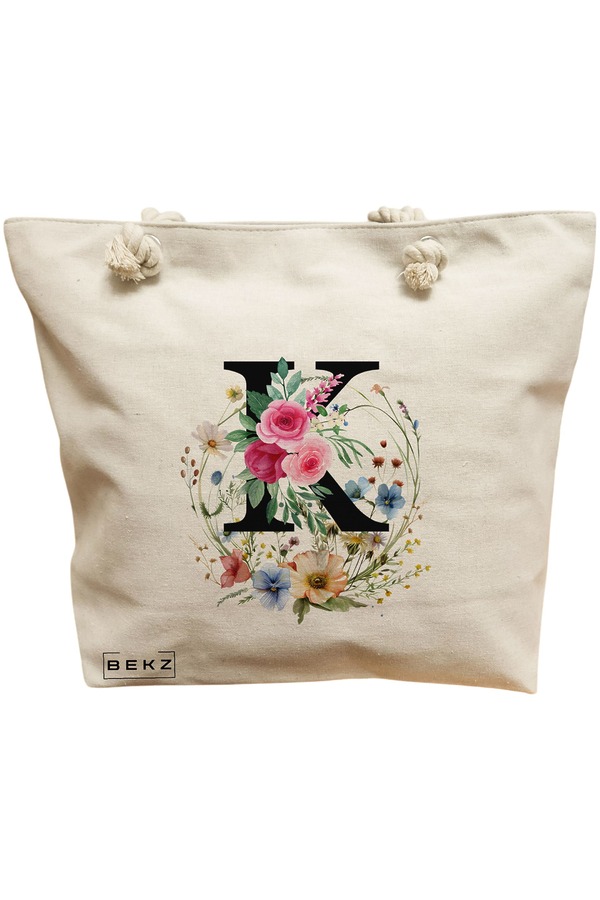 Geanta Canvas Tote pentru femei, Cu litera K in Coronita Florala, 40x51 cm, Bej, BEKZ® 11 Geanta Canvas Tote pentru femei