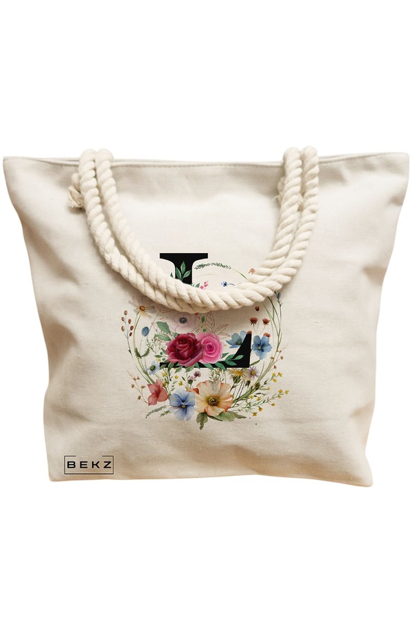 Geanta Canvas Tote pentru femei, Cu litera L in Coronita Florala, 40x51 cm, Bej, BEKZ® 12 Cu litera L in Coronita Florala