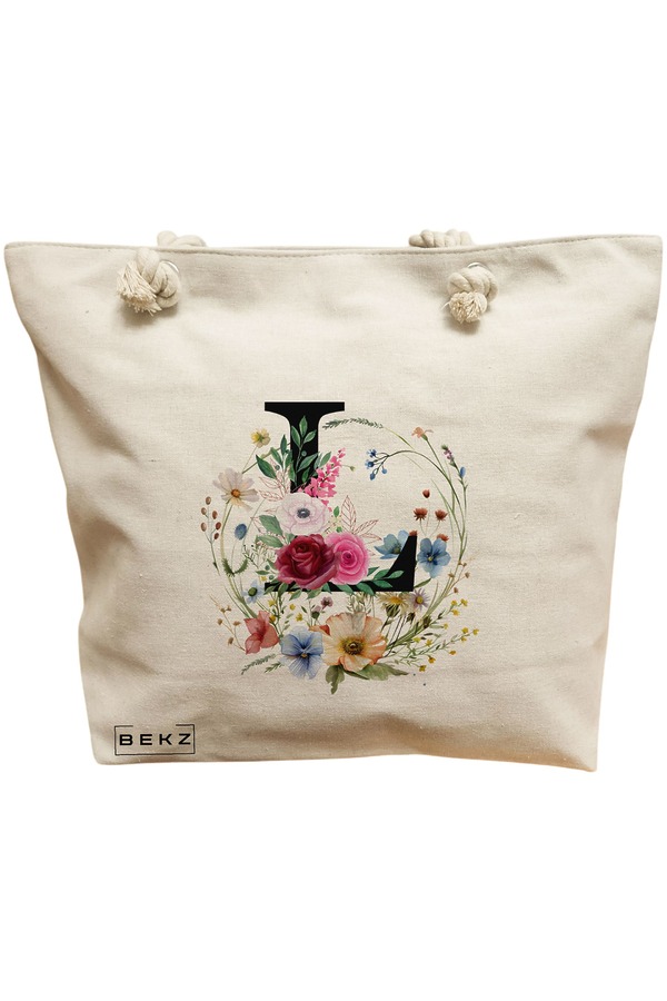 Geanta Canvas Tote pentru femei, Cu litera L in Coronita Florala, 40x51 cm, Bej, BEKZ® 11 Geanta Canvas Tote pentru femei