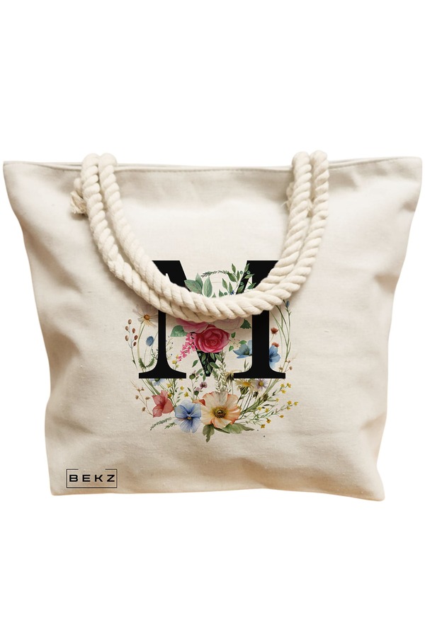 Geanta Canvas Tote pentru femei, Cu litera M in Coronita Florala, 40x51 cm, Bej, BEKZ® 12 Cu litera M in Coronita Florala