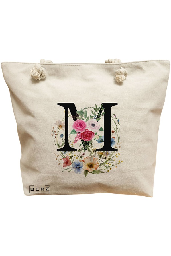 Geanta Canvas Tote pentru femei, Cu litera M in Coronita Florala, 40x51 cm, Bej, BEKZ® 11 Geanta Canvas Tote pentru femei