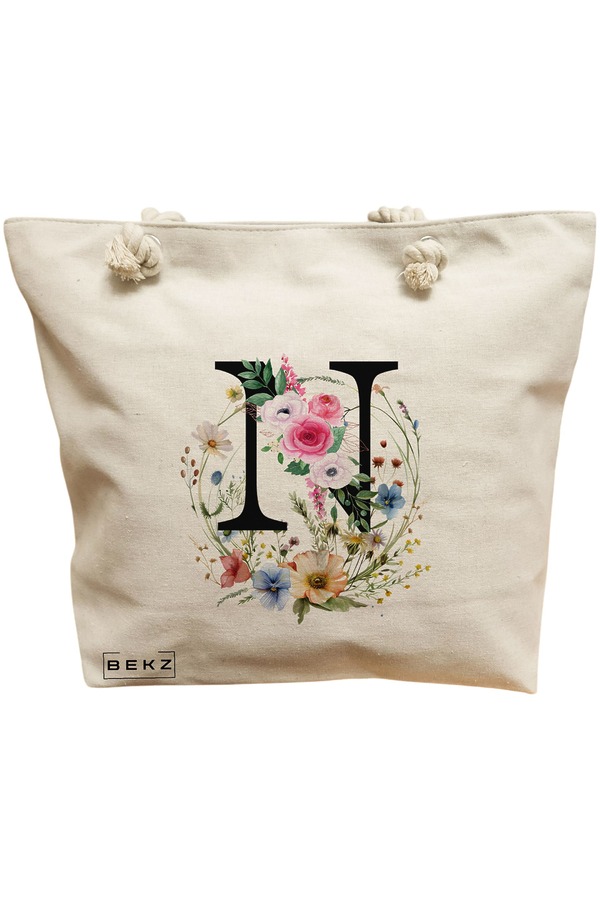 Geanta Canvas Tote pentru femei, Cu litera N in Coronita Florala, 40x51 cm, Bej, BEKZ® 11 Geanta Canvas Tote pentru femei