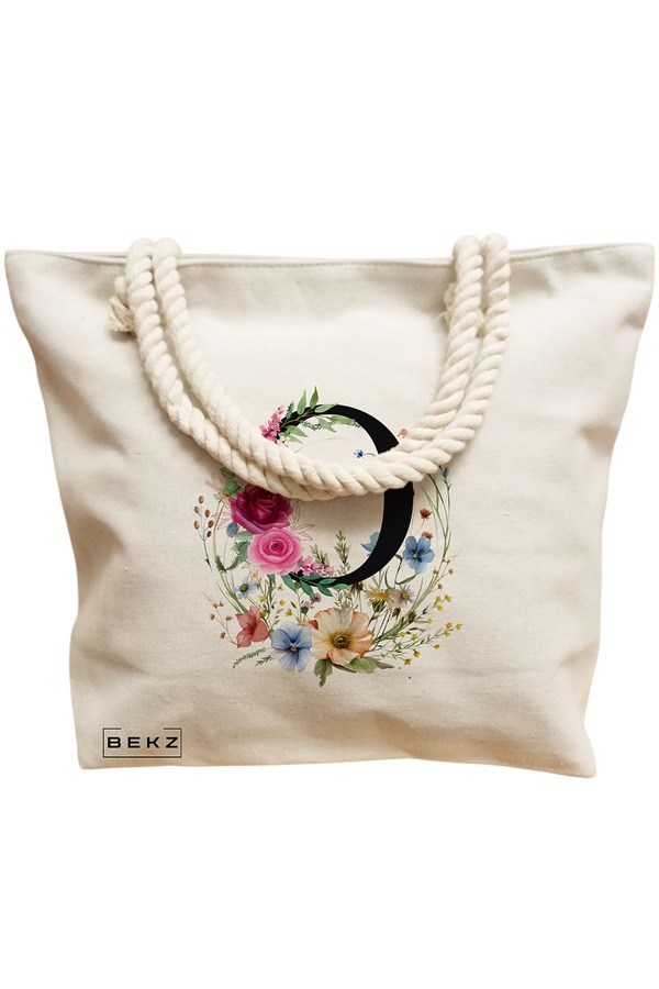 Geanta Canvas Tote pentru femei, Cu litera O in Coronita Florala, 40x51 cm, Bej, BEKZ® 12 Cu litera O in Coronita Florala