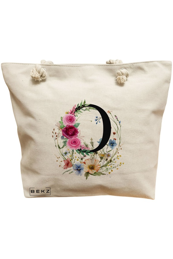Geanta Canvas Tote pentru femei, Cu litera O in Coronita Florala, 40x51 cm, Bej, BEKZ® 11 Geanta Canvas Tote pentru femei