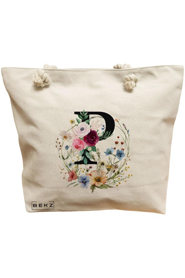 Geanta Canvas Tote pentru femei, Cu litera P in Coronita Florala, 40x51 cm, Bej, BEKZ® 11 Geanta Canvas Tote pentru femei