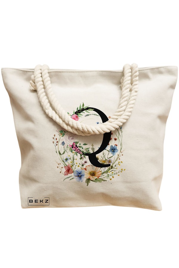 Geanta Canvas Tote pentru femei, Cu litera Q in Coronita Florala, 40x51 cm, Bej, BEKZ® 12 Cu litera Q in Coronita Florala