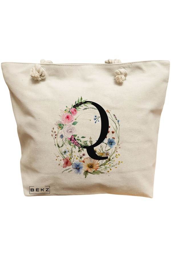 Geanta Canvas Tote pentru femei, Cu litera Q in Coronita Florala, 40x51 cm, Bej, BEKZ® 11 Geanta Canvas Tote pentru femei