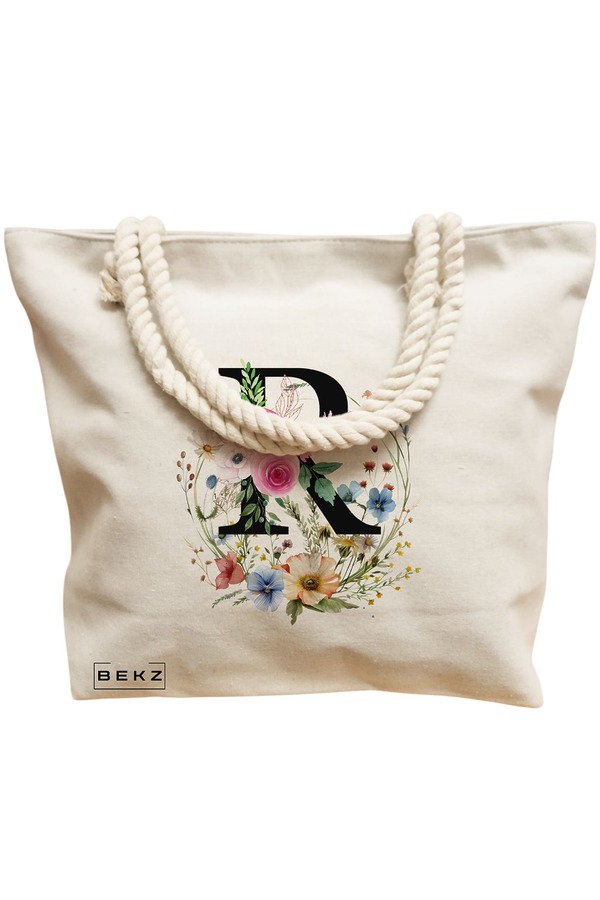 Geanta Canvas Tote pentru femei, Cu litera R in Coronita Florala, 40x51 cm, Bej, BEKZ® 12 Cu litera R in Coronita Florala