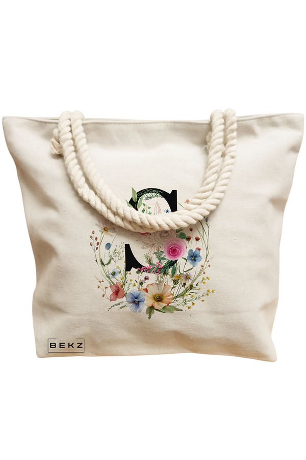 Geanta Canvas Tote pentru femei, Cu litera S in Coronita Florala, 40x51 cm, Bej, BEKZ® 12 Cu litera S in Coronita Florala