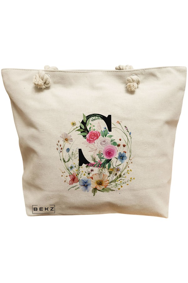 Geanta Canvas Tote pentru femei, Cu litera S in Coronita Florala, 40x51 cm, Bej, BEKZ® 11 Geanta Canvas Tote pentru femei