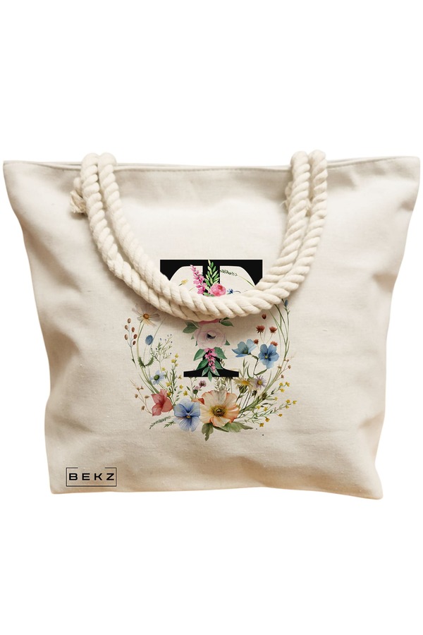 Geanta Canvas Tote pentru femei, Cu litera T in Coronita Florala, 40x51 cm, Bej, BEKZ® 12 Cu litera T in Coronita Florala
