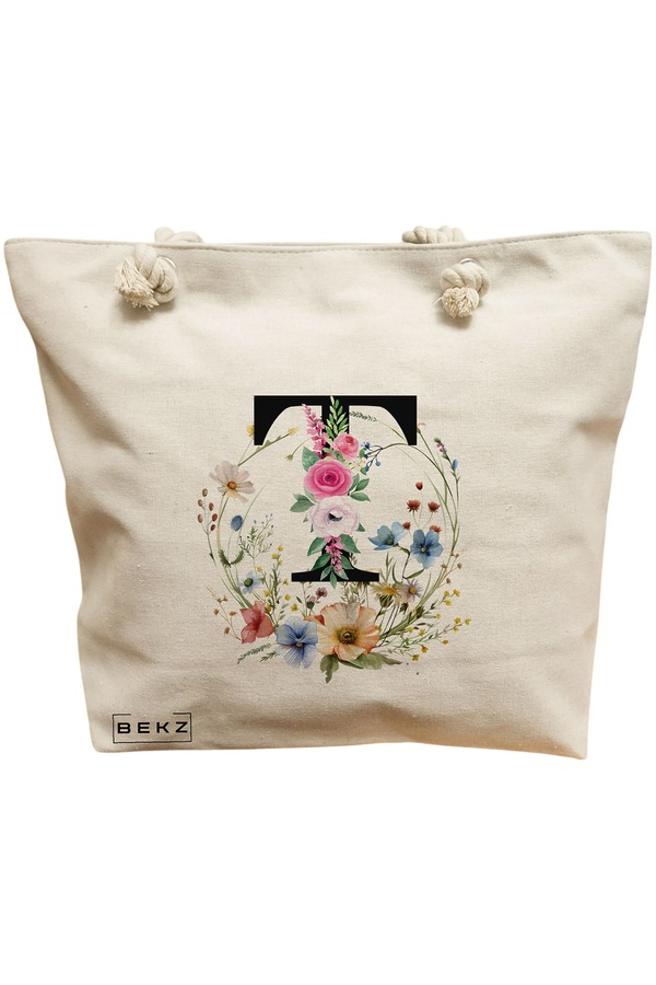 Geanta Canvas Tote pentru femei, Cu litera T in Coronita Florala, 40x51 cm, Bej, BEKZ® 11 Geanta Canvas Tote pentru femei