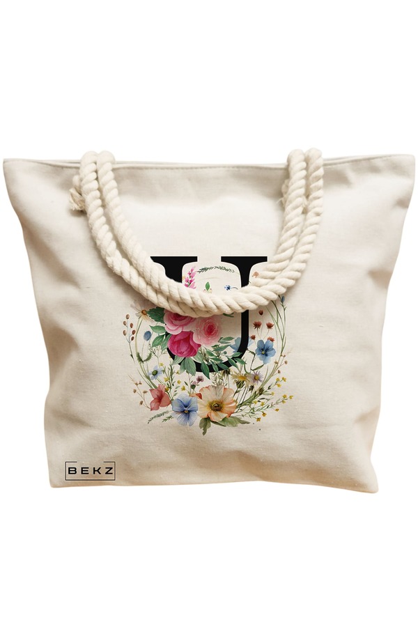 Geanta Canvas Tote pentru femei, Cu litera U in Coronita Florala, 40x51 cm, Bej, BEKZ® 12 Cu litera U in Coronita Florala