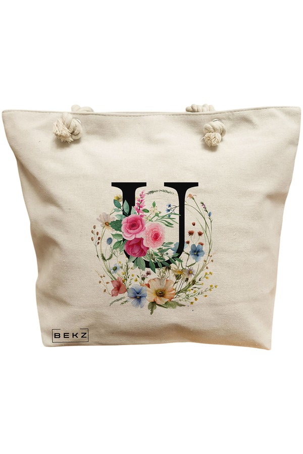 Geanta Canvas Tote pentru femei, Cu litera U in Coronita Florala, 40x51 cm, Bej, BEKZ® 11 Geanta Canvas Tote pentru femei