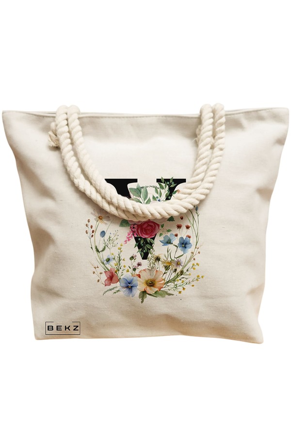 Geanta Canvas Tote pentru femei, Cu litera V in Coronita Florala, 40x51 cm, Bej, BEKZ® 12 Cu litera V in Coronita Florala
