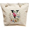 Geanta Canvas Tote pentru femei, Cu litera V in Coronita Florala, 40x51 cm, Bej, BEKZ® 16 Geanta Canvas Tote pentru femei