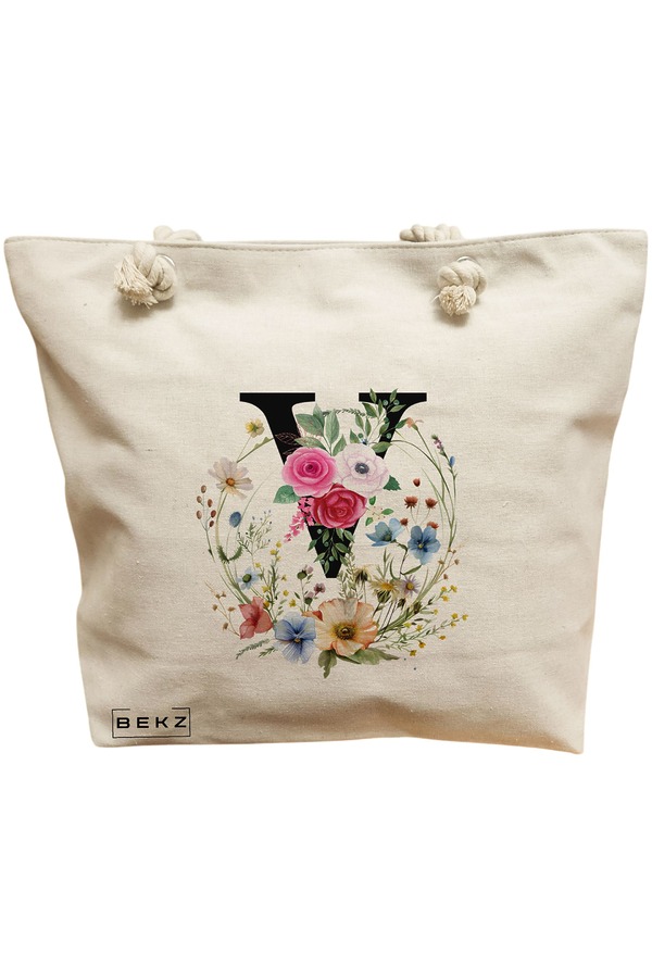 Geanta Canvas Tote pentru femei, Cu litera V in Coronita Florala, 40x51 cm, Bej, BEKZ® 11 Geanta Canvas Tote pentru femei