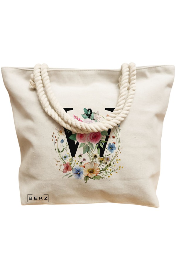 Geanta Canvas Tote pentru femei, Cu litera W in Coronita Florala, 40x51 cm, Bej, BEKZ® 12 Cu litera W in Coronita Florala