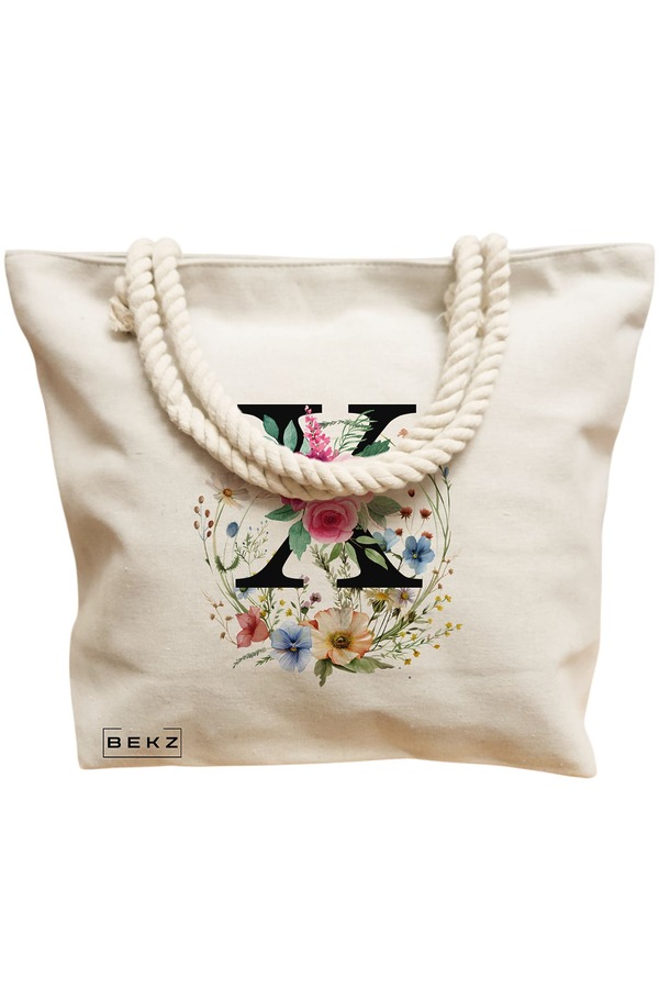 Geanta Canvas Tote pentru femei, Cu litera X in Coronita Florala, 40x51 cm, Bej, BEKZ® 12 Cu litera X in Coronita Florala
