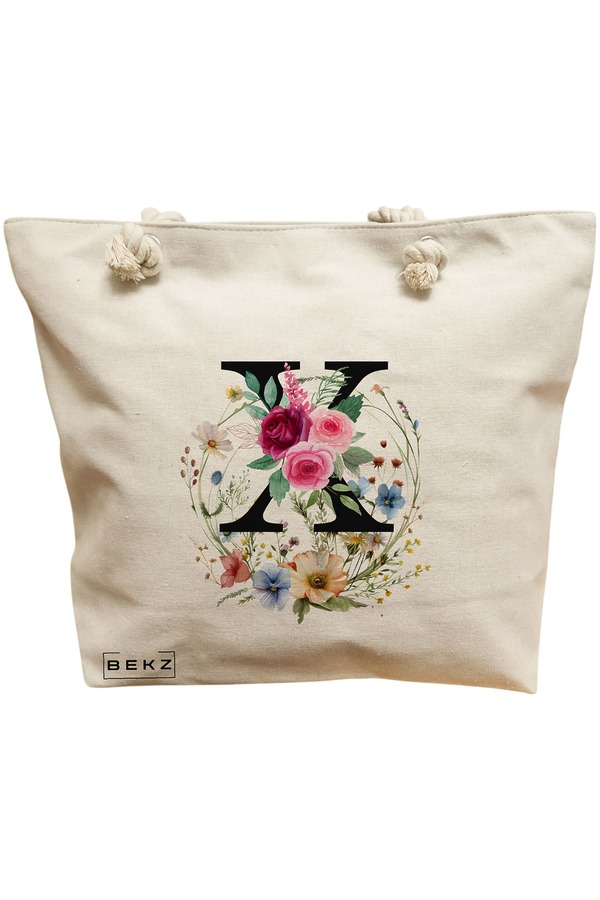 Geanta Canvas Tote pentru femei, Cu litera X in Coronita Florala, 40x51 cm, Bej, BEKZ® 11 Geanta Canvas Tote pentru femei