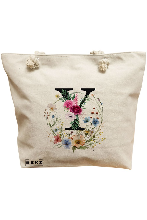 Geanta Canvas Tote pentru femei, Cu litera Y in Coronita Florala, 40x51 cm, Bej, BEKZ® 11 Geanta Canvas Tote pentru femei