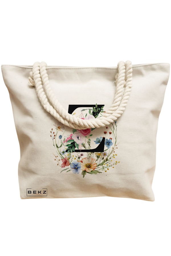 Geanta Canvas Tote pentru femei, Cu litera Z in Coronita Florala, 40x51 cm, Bej, BEKZ® 12 Cu litera Z in Coronita Florala