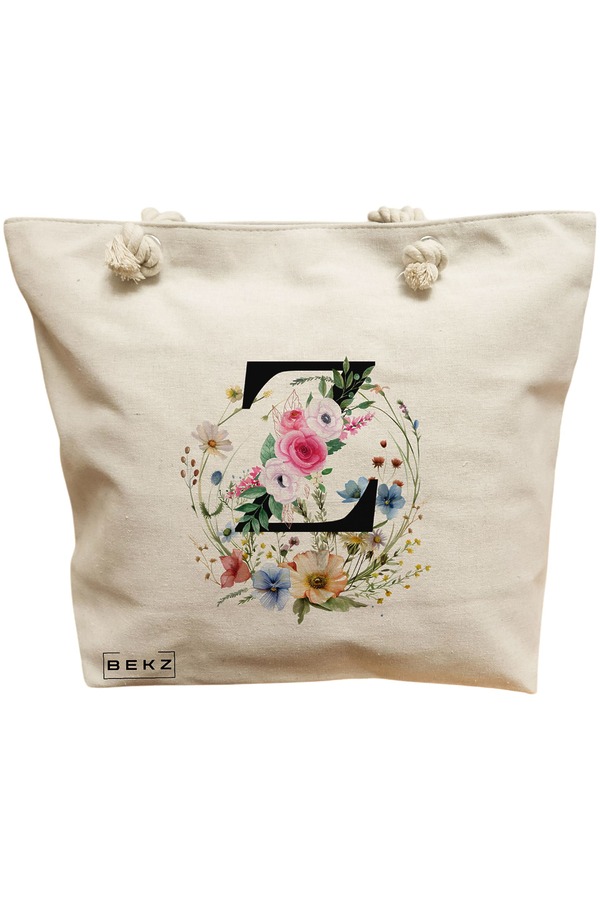 Geanta Canvas Tote pentru femei, Cu litera Z in Coronita Florala, 40x51 cm, Bej, BEKZ® 11 Geanta Canvas Tote pentru femei