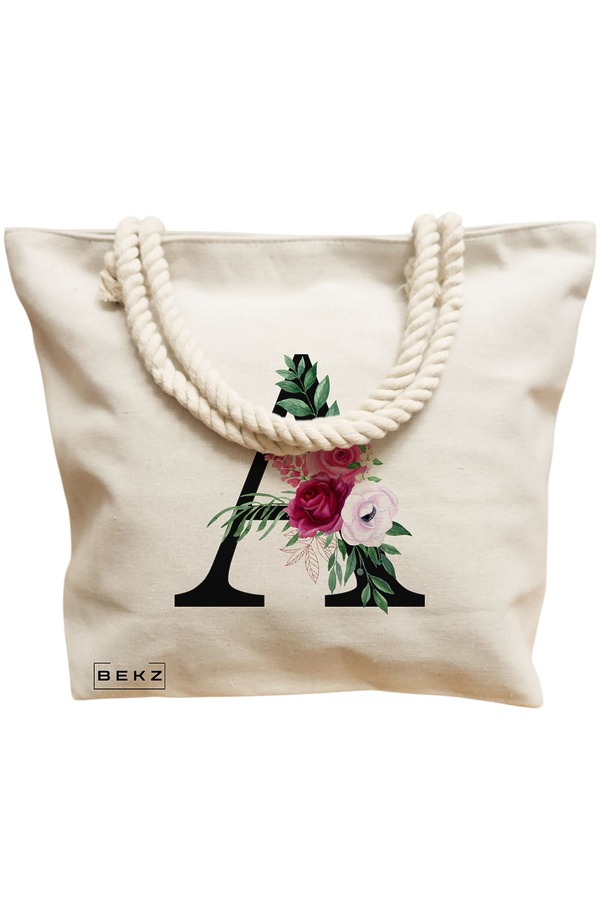 Geanta Canvas Tote pentru femei, Cu litera A si Trandafiri, 40x51 cm, Bej, BEKZ® 12 Cu litera A si Trandafiri