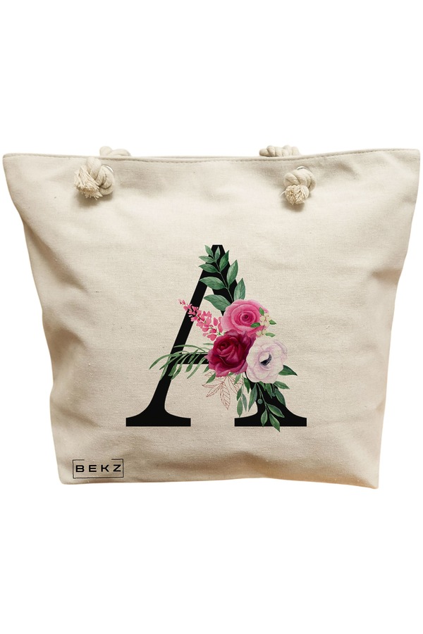 Geanta Canvas Tote pentru femei, Cu litera A si Trandafiri, 40x51 cm, Bej, BEKZ® 11 Geanta Canvas Tote pentru femei