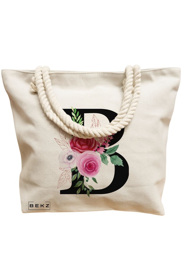 Geanta Canvas Tote pentru femei, Cu litera B si Trandafiri, 40x51 cm, Bej, BEKZ® 12 Cu litera B si Trandafiri