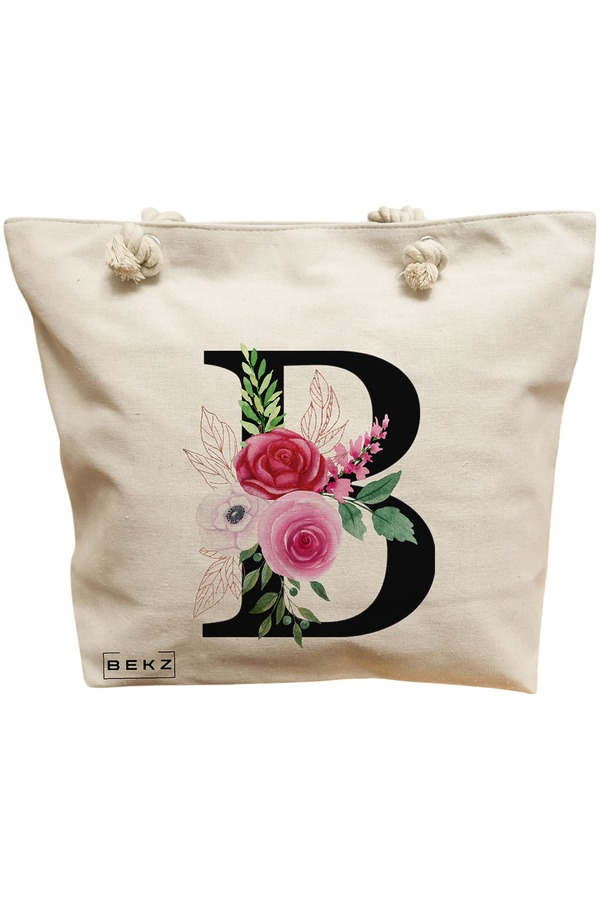 Geanta Canvas Tote pentru femei, Cu litera B si Trandafiri, 40x51 cm, Bej, BEKZ® 11 Geanta Canvas Tote pentru femei