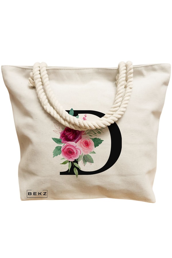 Geanta Canvas Tote pentru femei, Cu litera D si Trandafiri, 40x51 cm, Bej, BEKZ® 12 Cu litera D si Trandafiri
