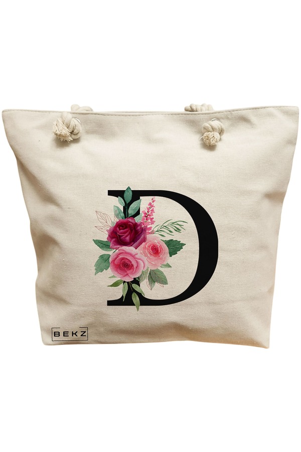 Geanta Canvas Tote pentru femei, Cu litera D si Trandafiri, 40x51 cm, Bej, BEKZ® 11 Geanta Canvas Tote pentru femei