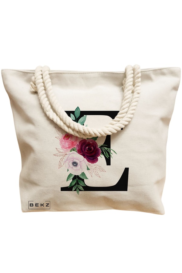Geanta Canvas Tote pentru femei, Cu litera E si Trandafiri, 40x51 cm, Bej, BEKZ® 12 Cu litera E si Trandafiri