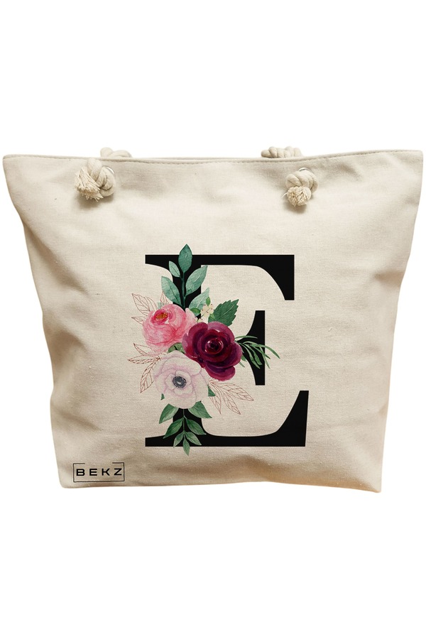 Geanta Canvas Tote pentru femei, Cu litera E si Trandafiri, 40x51 cm, Bej, BEKZ® 11 Geanta Canvas Tote pentru femei